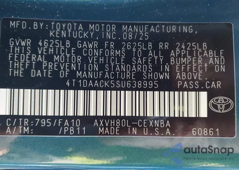 2025 Toyota Camry Le from USA, damaged, VIN 4T1DAACK5SU638995